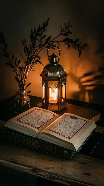 Koran books with lantern and branch