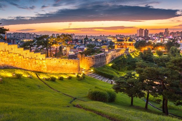 Korea landmark and park after sunset, Traditional Architecture at Suwon, Hwaseong Fortress in Sunset, South Korea.