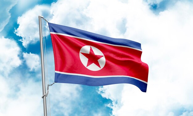 Korea North flag waving on sky background 3D Rendering