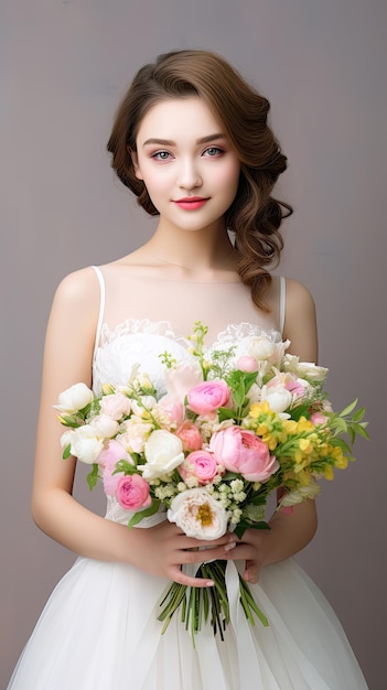 Korean asian girl wearing white wedding dress standing with bouquet of flowers and pastel background