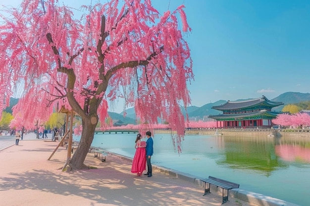 Photo korean couple with korean traditional dress hanbok in gyeongbokgung palace in spring seoul korea