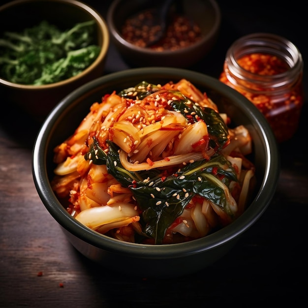 Korean fermented cabbage in a glass jar on a dark background