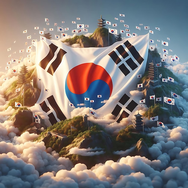 Korean Flag Waves Over Majestic Mountains