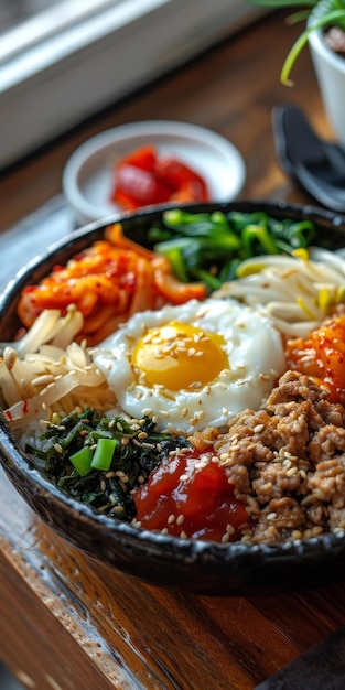 Korean Food Bibimbap With Egg And Side Dishes