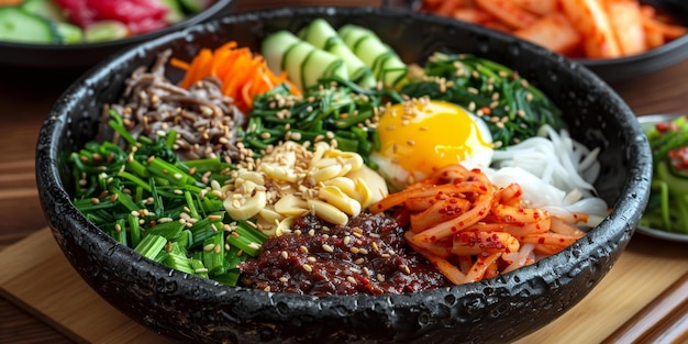 Photo korean food bibimbap with egg and vegetables