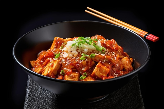 Korean food spicy kimchi in a bowl with chopsticks