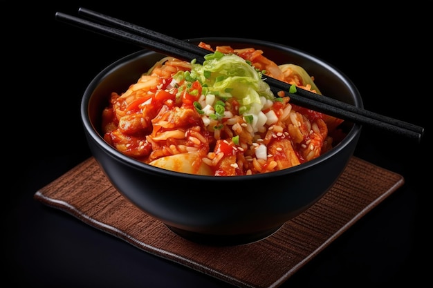 Korean food spicy kimchi in a bowl with chopsticks