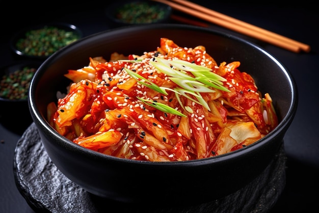 Korean food spicy kimchi in a bowl with chopsticks