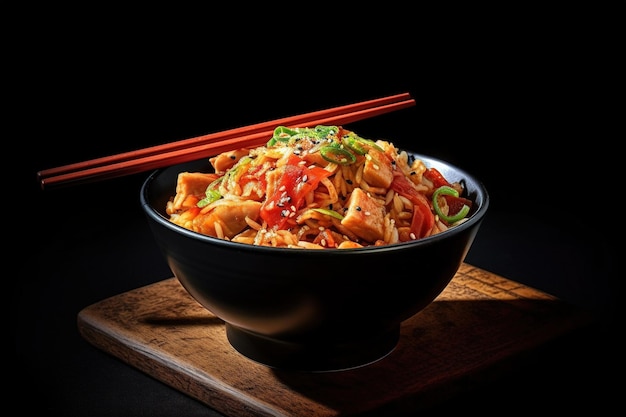 Korean food spicy kimchi in a bowl with chopsticks