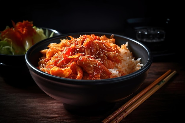 Korean food spicy kimchi in a bowl with chopsticks