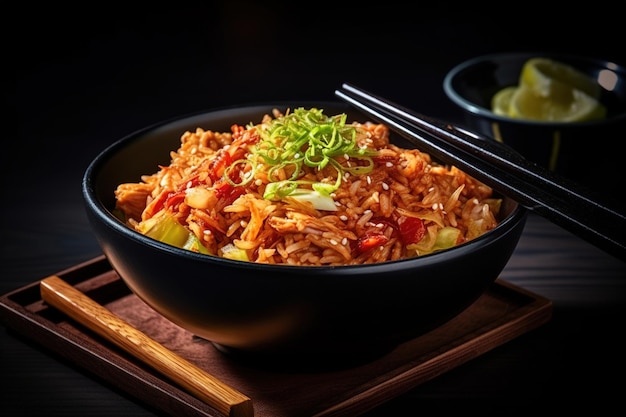 Korean food spicy kimchi in a bowl with chopsticks