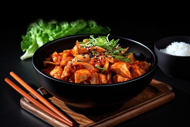 Korean food spicy kimchi in a bowl with chopsticks