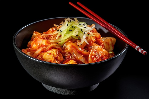 Korean food spicy kimchi in a bowl with chopsticks