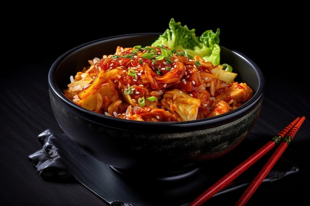 Korean food spicy kimchi in a bowl with chopsticks