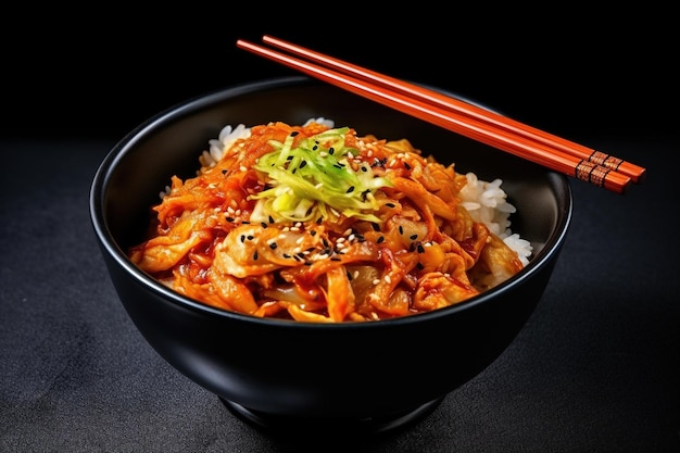 Korean food spicy kimchi in a bowl with chopsticks