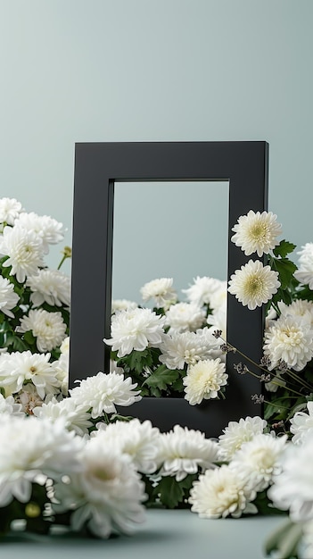 Photo a korean funeral featuring a black photo frame displayed at a funeral home podium adorned with white chrysanthemums symbolizing grief and remembrance