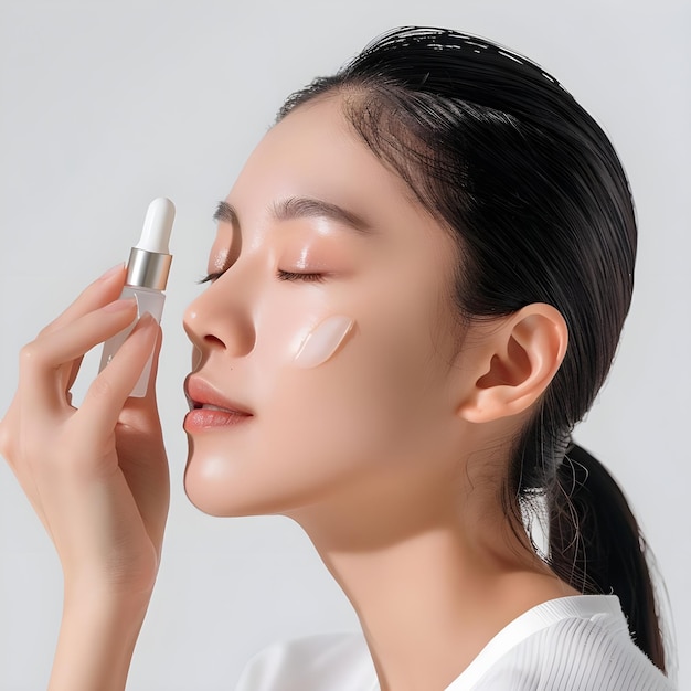 Korean girl applying serum on her face cosmetology