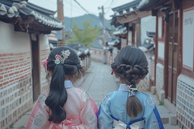 Photo korean girls dressed hanbok in traditional culture dress of south korea walking in beautiful