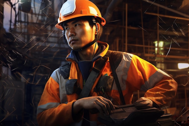 a korean industrial worker wearing a safety vest and hard hat collaborates on a project