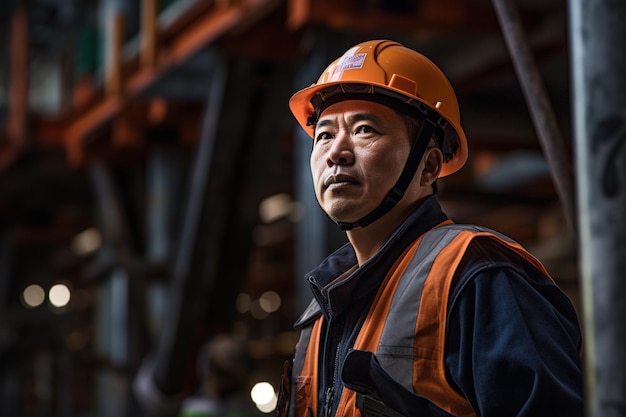 a korean industrial worker wearing a safety vest and hard hat collaborates on a project