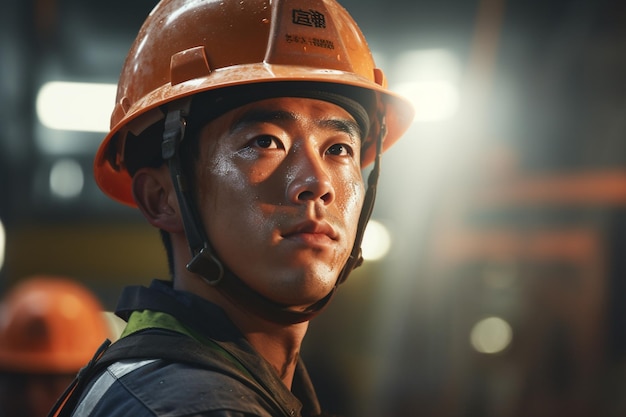 a korean industrial worker wearing a safety vest and hard hat collaborates on a project