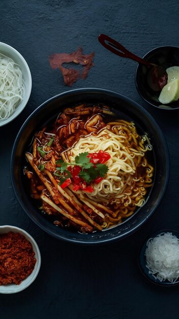 Photo korean instant noodle and tteokbokki in korean spicy sauce ancient food