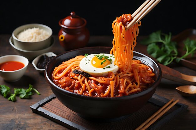 korean instant noodle and tteokbokki in korean spicy sauce ancient food