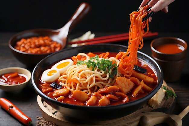 korean instant noodle and tteokbokki in korean spicy sauce ancient food