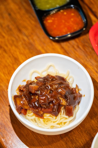 Korean instant noodle with spicy sauce and chicken