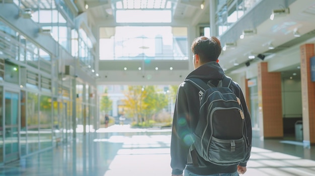 Korean male college student is walking with backpack