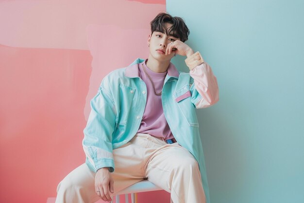 Photo korean male model sitting on a chair in trendy clothes on pastel background