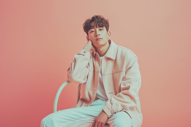 Photo korean male model sitting on a chair in trendy clothes on pastel background