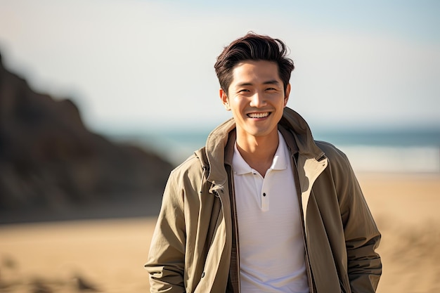 Korean Man on the beach smiling full