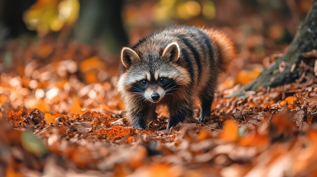 Photo a korean raccoon dog sniffing around a forest floor with ample room for copy text