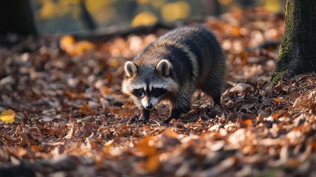 A Korean raccoon dog sniffing around a forest floor with ample room for copy text