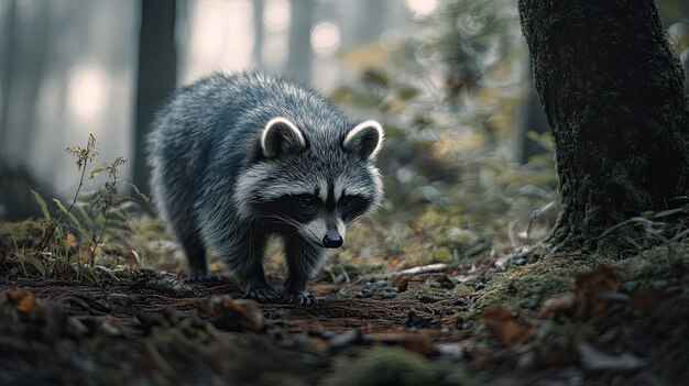 A Korean raccoon dog sniffing around a forest floor with ample room for copy text