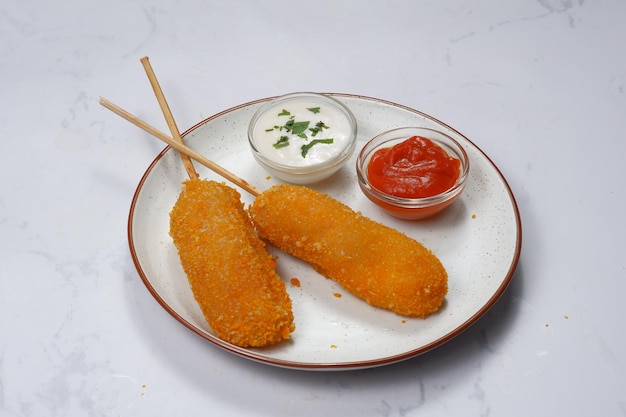 korean style corn dog with ketchup and mayonnaise