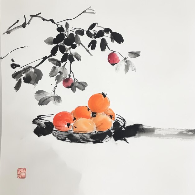 Photo korean traditional painting closeup of a plate with tangerines