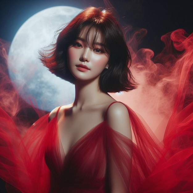 Korean woman Cute Loose Bob hairstyle wearing a flowing red dress made of red smoke