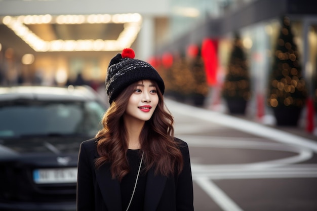 a Korean woman has a nice hairstyle with a Christmas atmosphere in the background