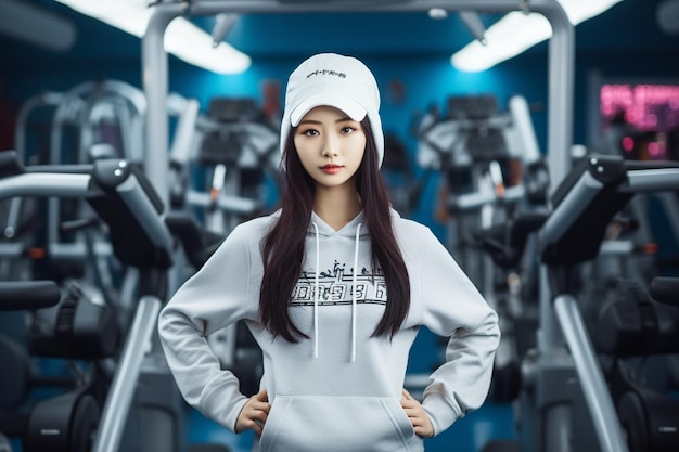 A korean woman posing in gym clothes against