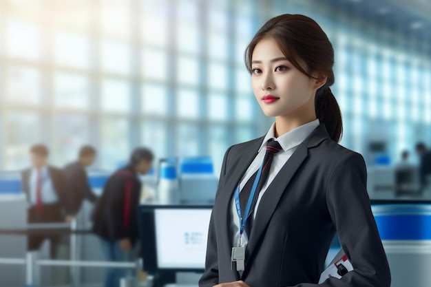 Korean woman working as flight attendant in airport background