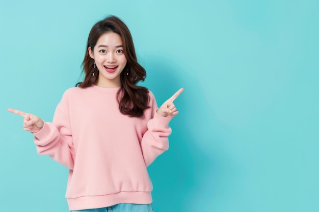 Korean Women outfit looking at camera pointing aside standing isolated on blue background studio Bus