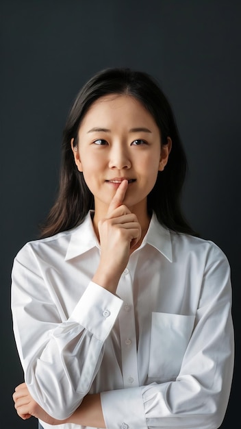 Korean young womans half length portrait female model in white shirt thinking and smiling