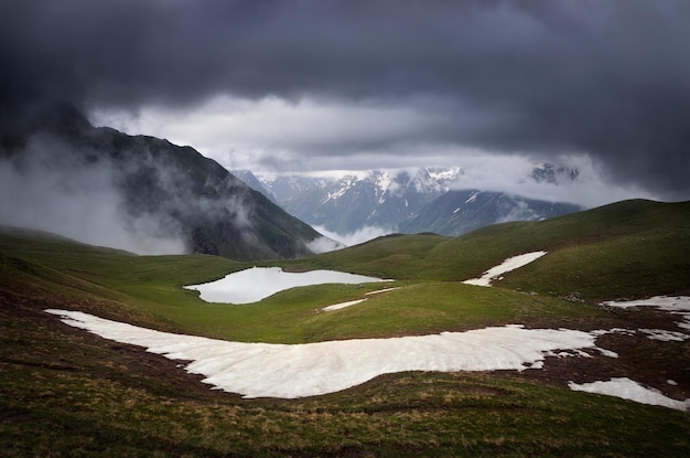 Koruldi mountain lake under the stormy sky. Georgia, Svaneti