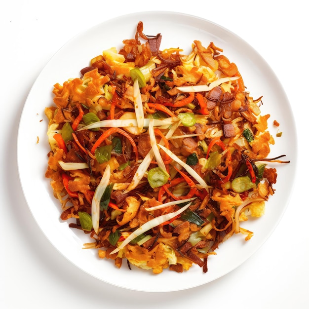 Kottu Roti Sri Lankan Dish On A White Plate On A White Background Directly Above View