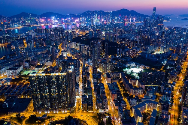 Kowloon City, Hong Kong 22 September 2019: Top view of Hong Kong city at night