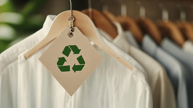 Photo kraft label with green recycling symbol on white cotton shirt hanging on hanger for men