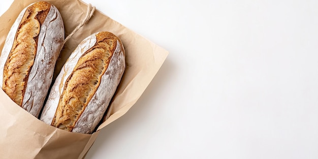 Photo kraft paper bag filled with long loaves of bread baguette bread in brown paper bag insulated white background and copy space