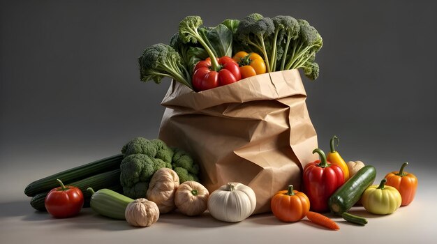 a kraft paper bag of vegetables including broccoli pepper cucumber carrots and garlic